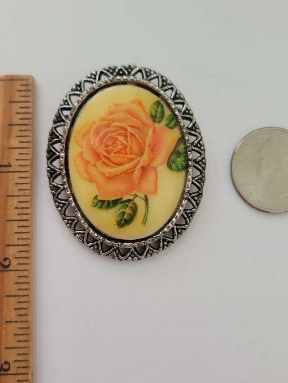 Vintage Rose Floral Cameo Brooch Pin Pendant Porcelain Silver Tone Feminine